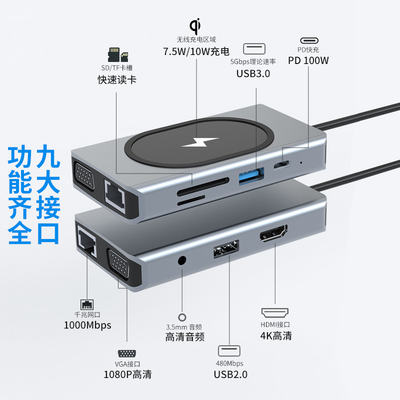 محول USB Type C HUB متعدد الوظائف 9 في واحد ومع قارئ بطاقات الذاكرة