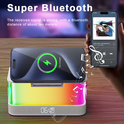 أضواء ملونة شاحن لاسلكي لجهاز iPhone iWatch و AirPods مع مكبر صوت Bluetooth