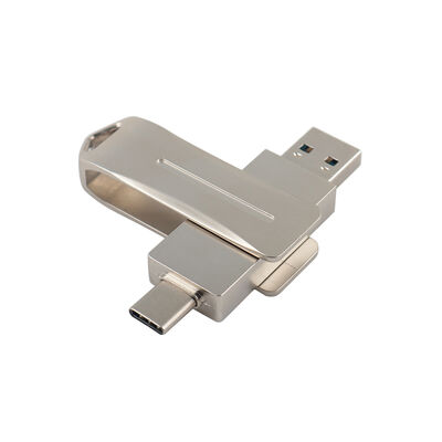 محرك فلاش USB معدني فضي مع نوع C للاستخدام عن طريق الهاتف ومنفذ الكمبيوتر من النوع C